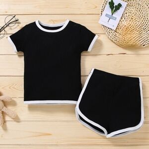Boy Girl Ribbed Shorts Summer Set Black White Retro Ringer Tee Sport Shorts 3-4Y